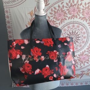 NWT Victoria's Secret Red Black Floral Leather Classic Double Handle Tote Bag